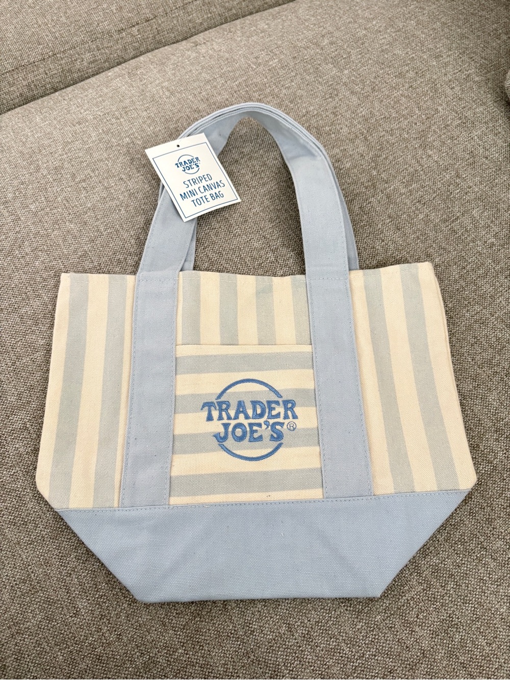 Trader Joe's Striped Mini Canvas Tote Bag in Light Blue & Cream